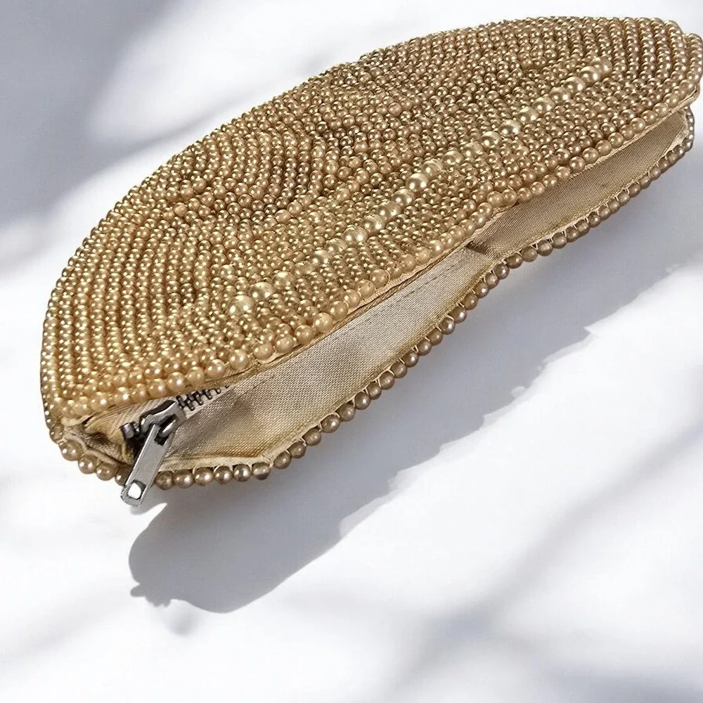 Vintage Gold Beaded Coin Purse Pouch Small Clutch Evening‎ Bag Made in Japan